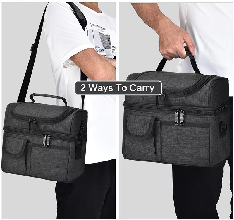 two ways to carry shown with shoulder strap and top handle