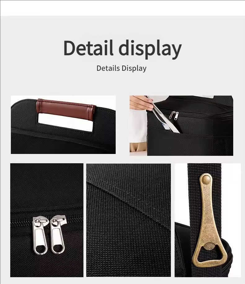 handle, front pocket, zipper, fabric and bottle opener details