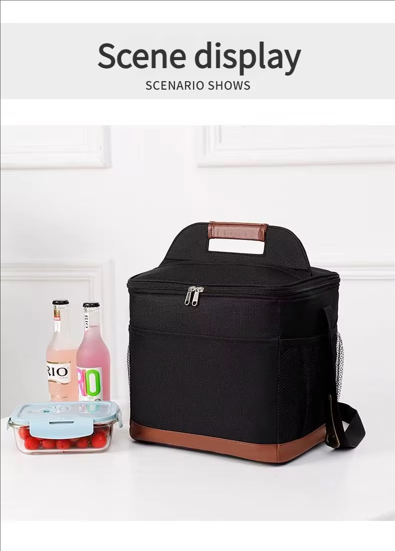 black cooler tote with drinks and lunch box