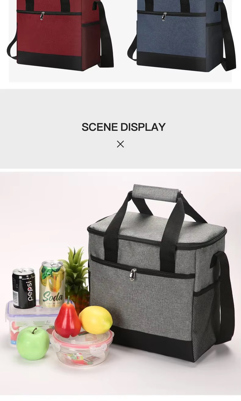 gray cooler with drinks, fruit and lunch box
