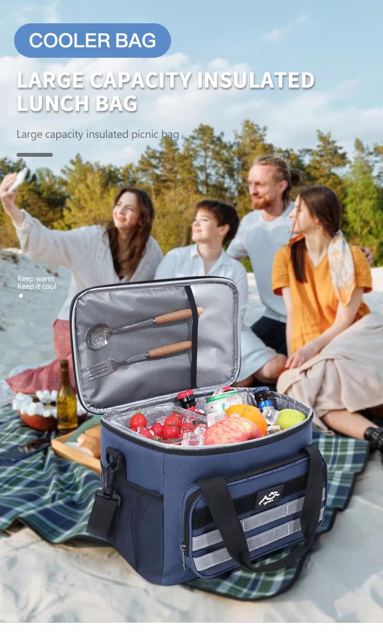 family picnic on beach with open navy cooler bag