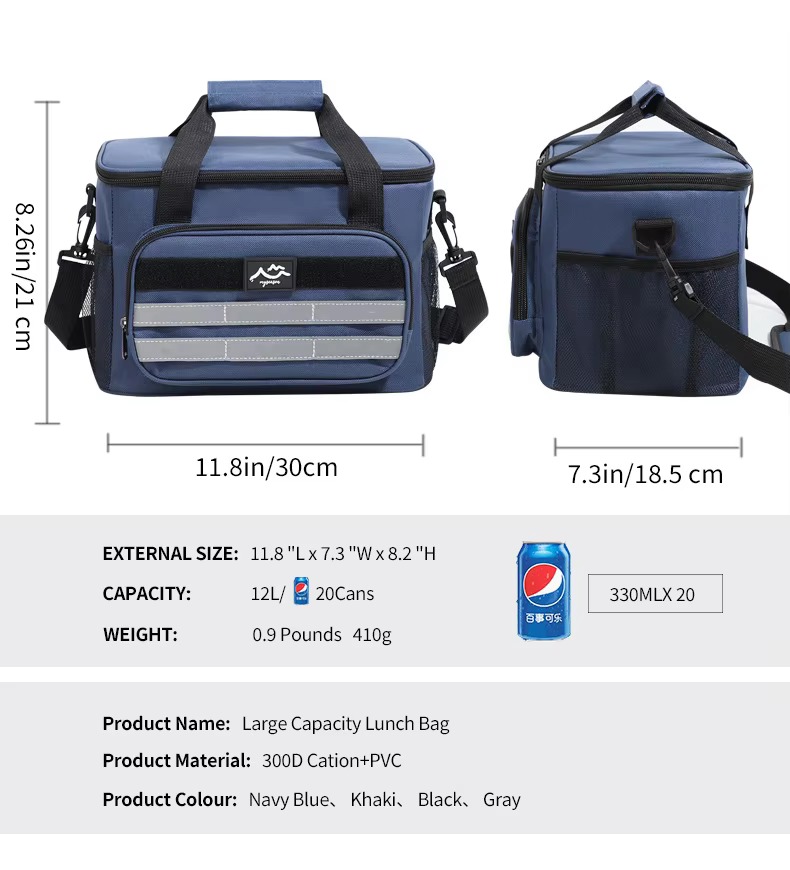 size 30x18.5x21 cm with 12L and 20-can capacity specs