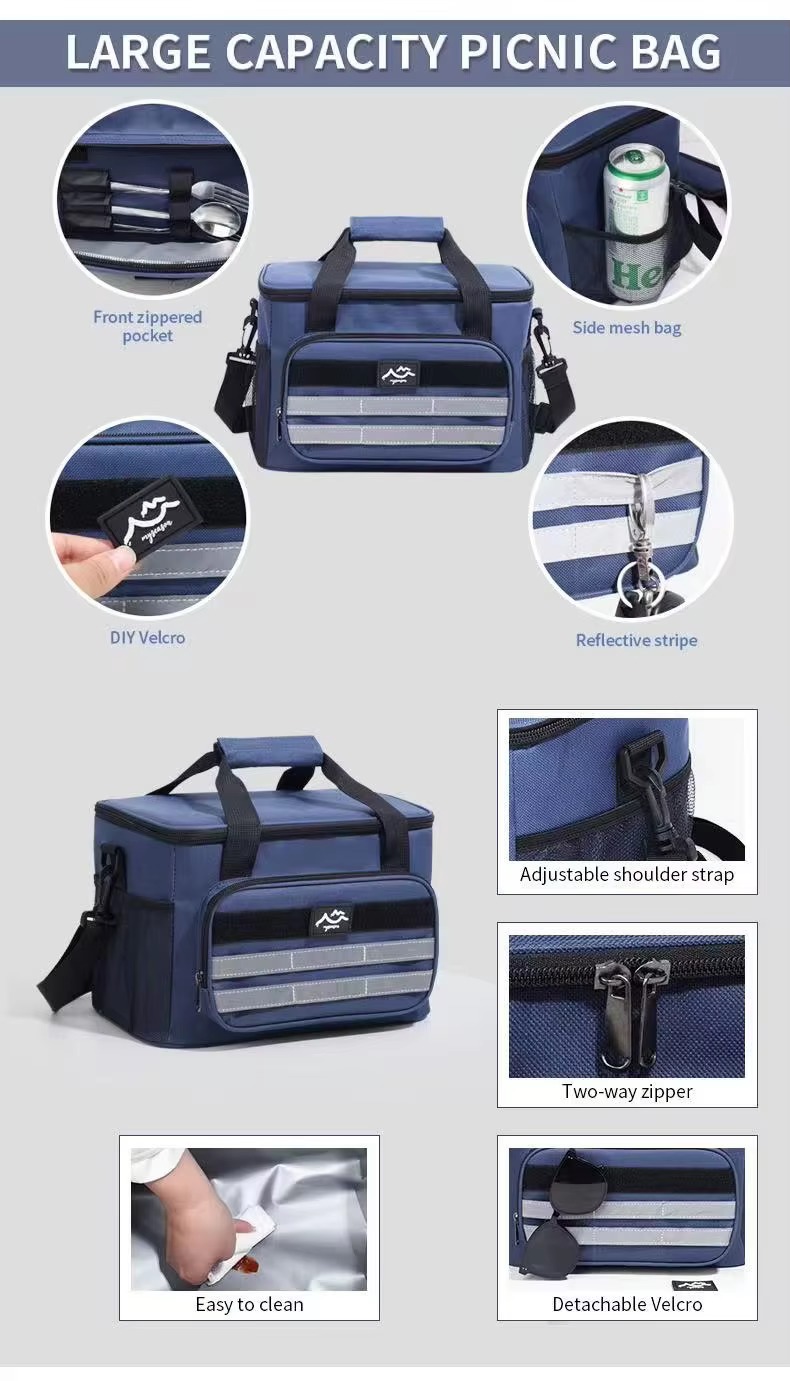 front zipper pocket, side mesh bag, Velcro and reflective stripe details