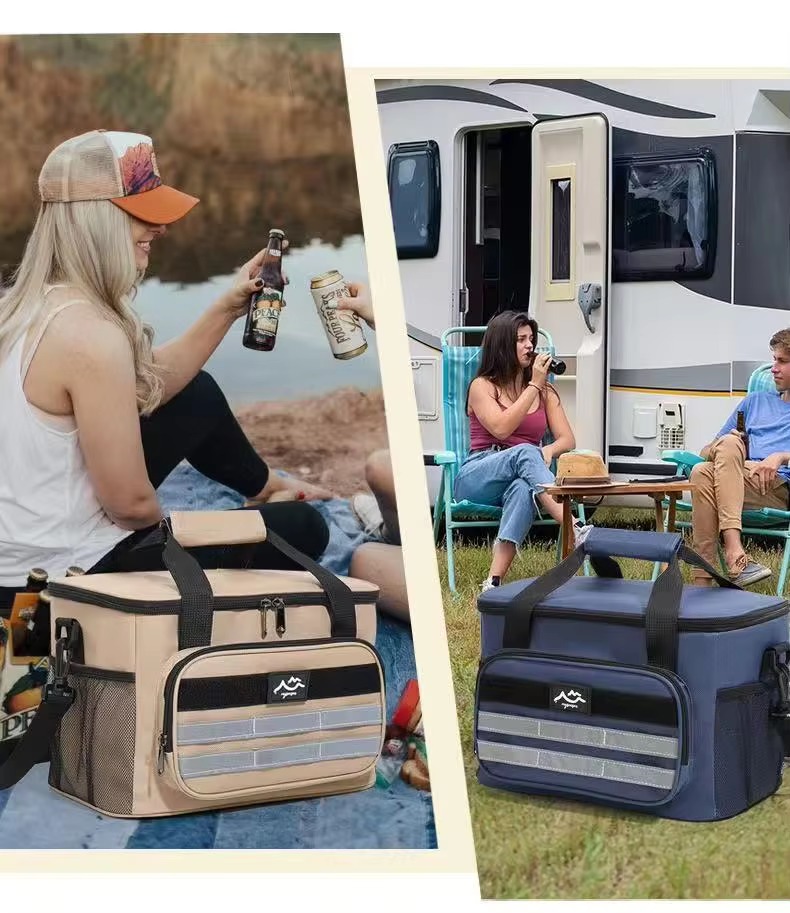 khaki and navy coolers at lakeside and campsite