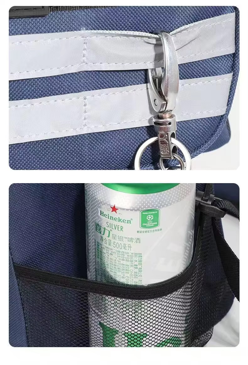 key hook on reflective stripe and can in side mesh pocket
