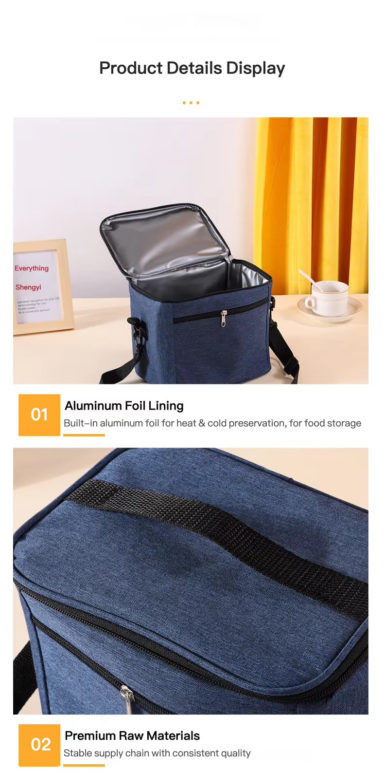 open bag with foil lining and top handle close-up