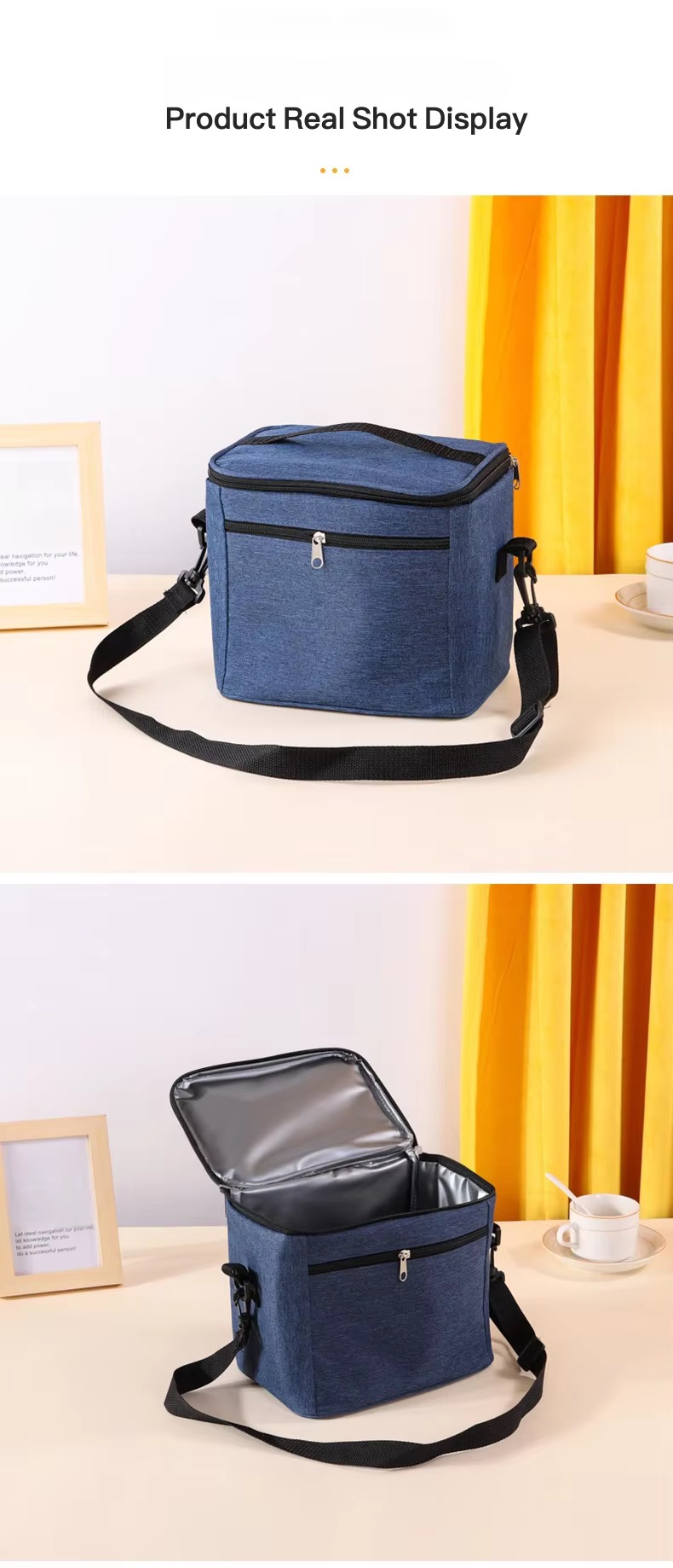 real shots of blue cooler bag closed and open