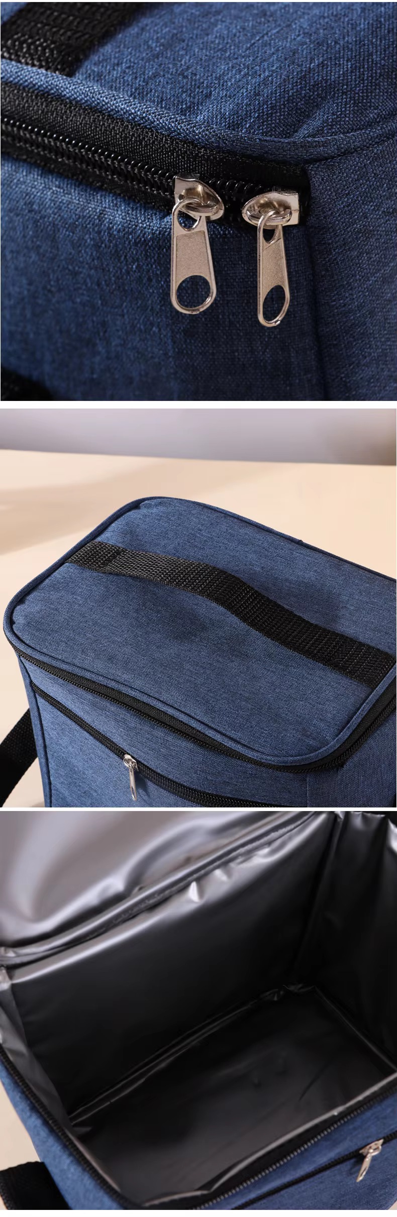 metal zippers, top handle and foil interior details