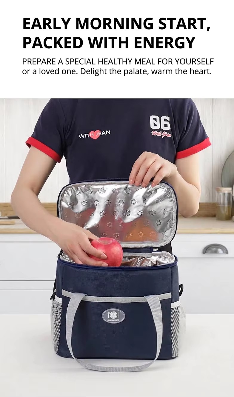 person putting apple into open insulated tote