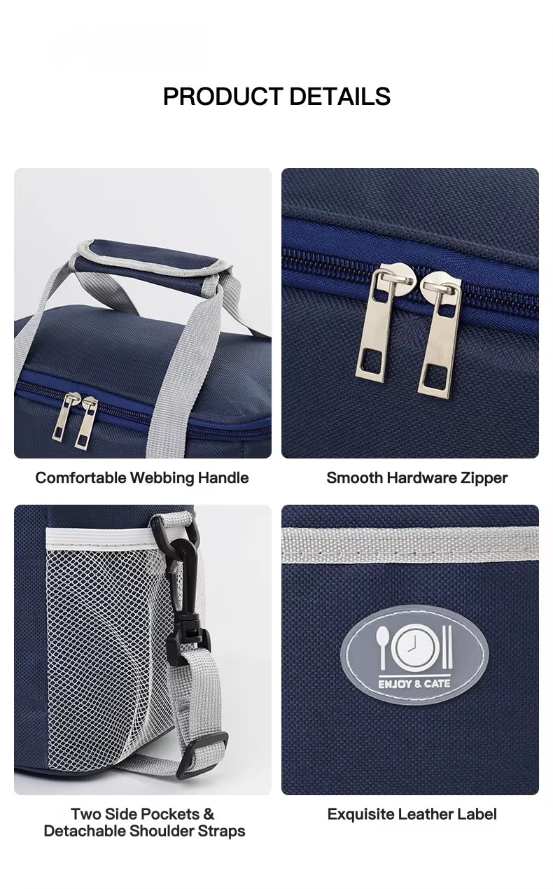 webbing handle, metal zipper, side pockets and leather label