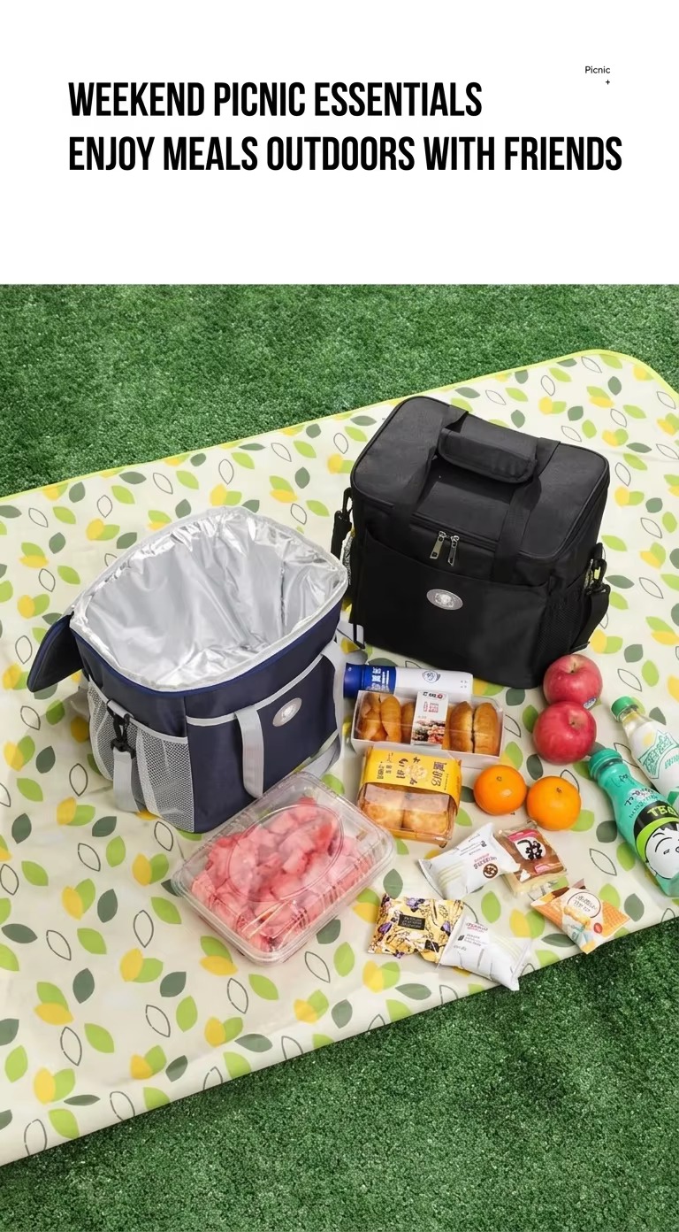 navy and black totes on picnic blanket with food