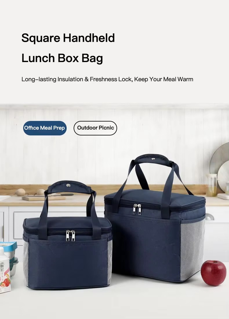 navy small and large square lunch box bags