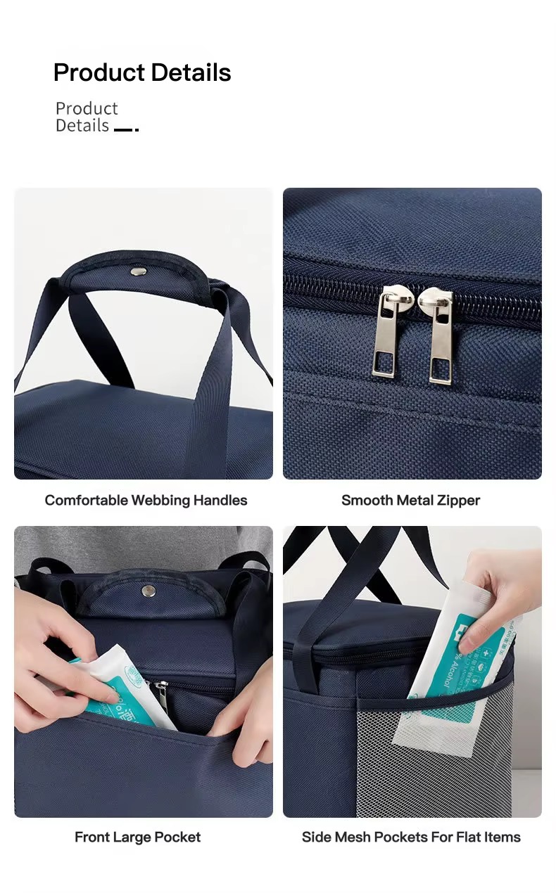 webbing handles, metal zipper, front pocket and side mesh pocket