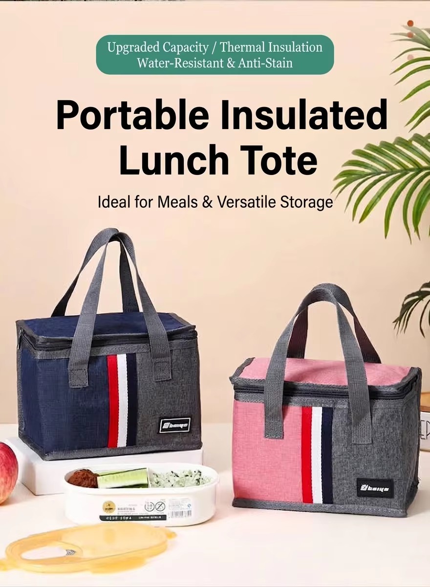 navy and pink striped insulated lunch totes with bento box