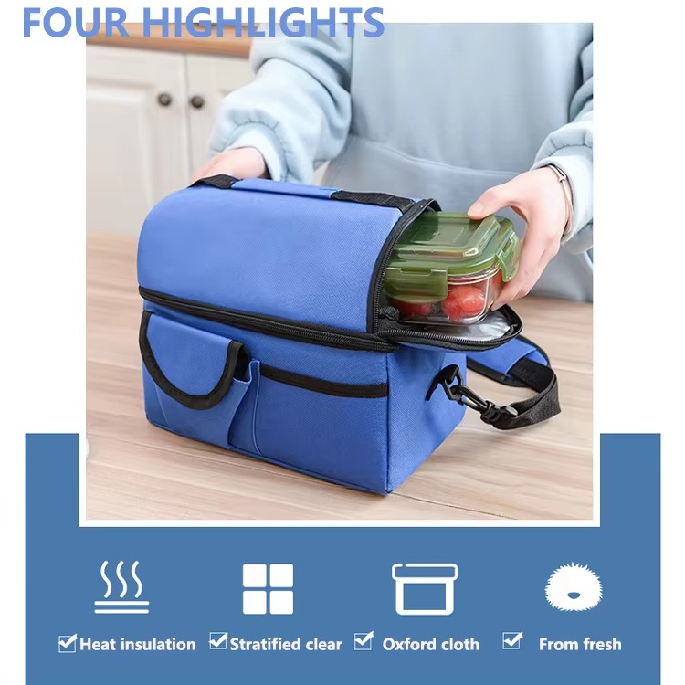 hand placing food container into top compartment four highlight icons
