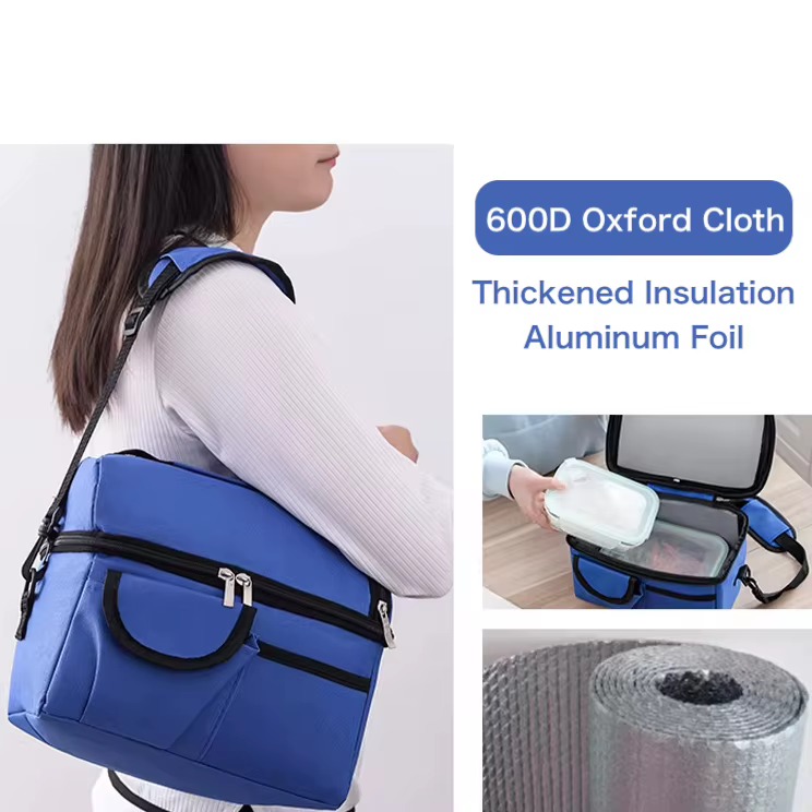 model wearing bag on shoulder beside 600D oxford and foil lining swatches
