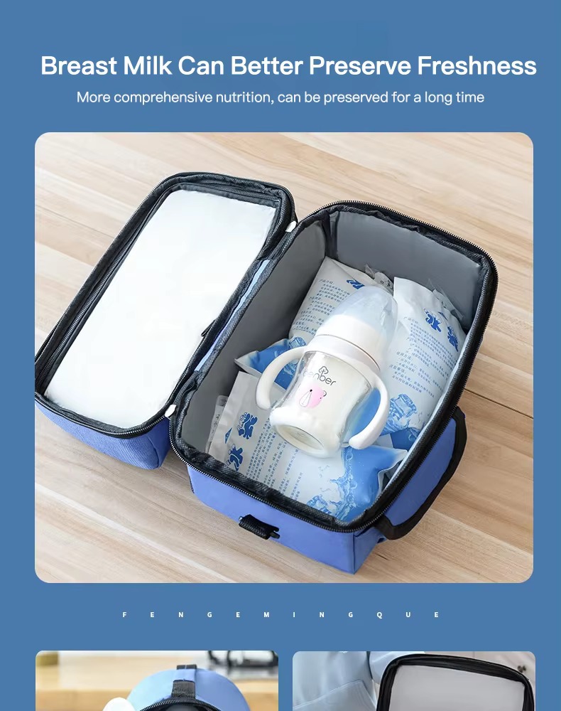 open bag with breast milk bottle and ice packs inside