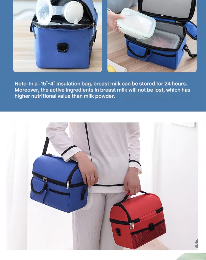 hand placing food container into bag and two models holding blue and red bags