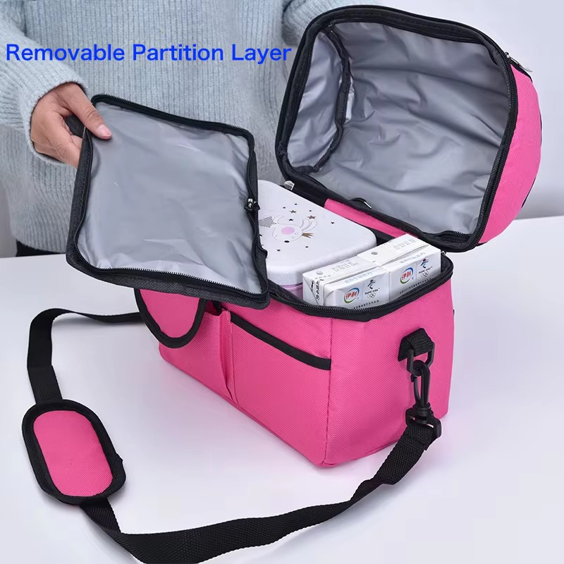 hand lifting out removable partition layer from pink bag