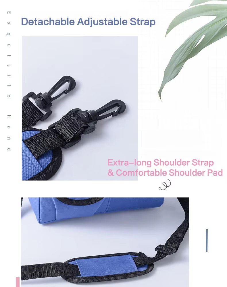 close-up of detachable strap hooks and padded shoulder pad