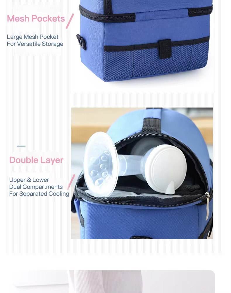 side mesh pocket and open top compartment holding a breast pump