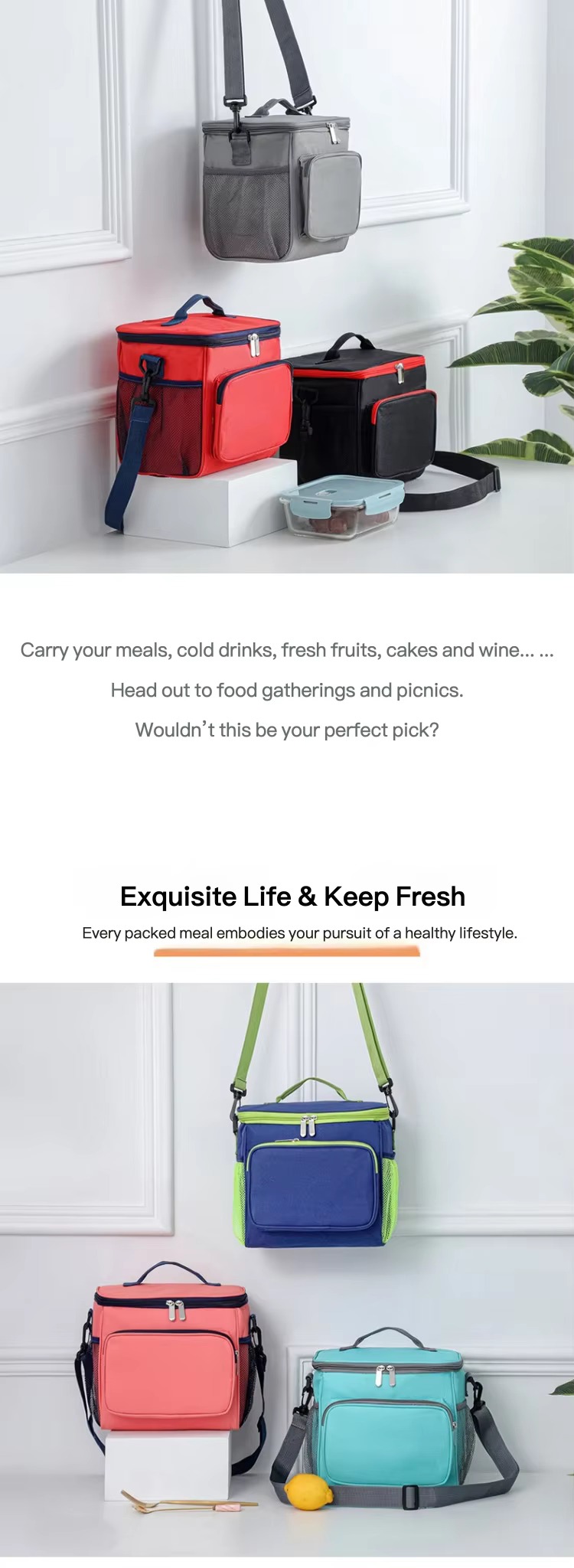 colorful cooler bags stacked with lunch box and scene
