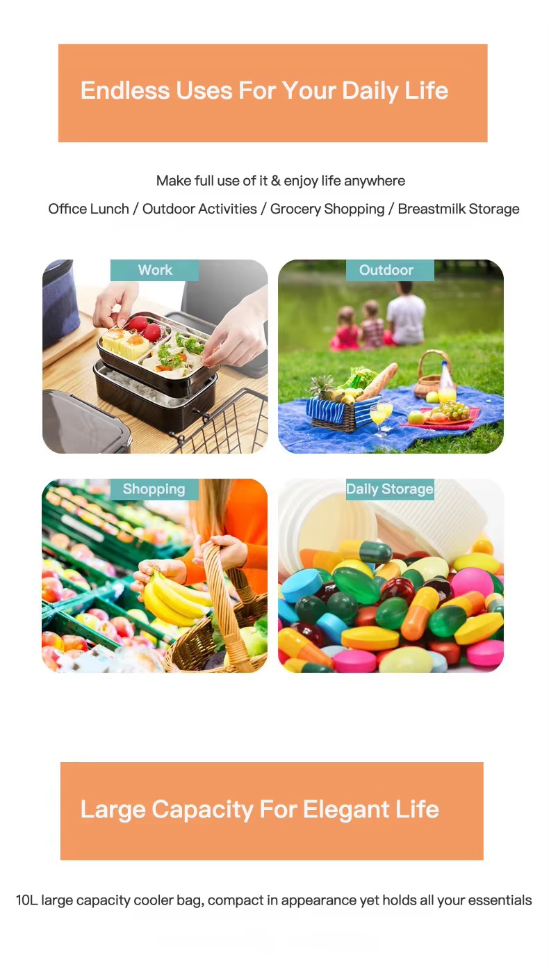 work, outdoor, shopping and daily storage uses