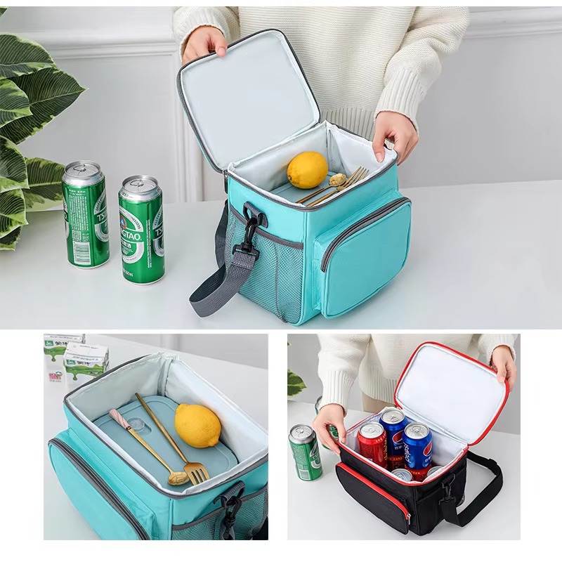 open teal bag with cans and lemon and black bag with drinks