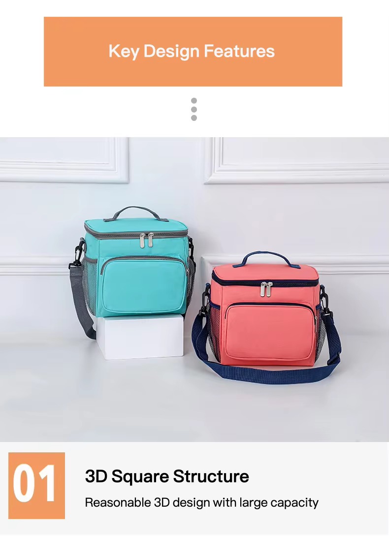 3D square structure with teal and pink bags