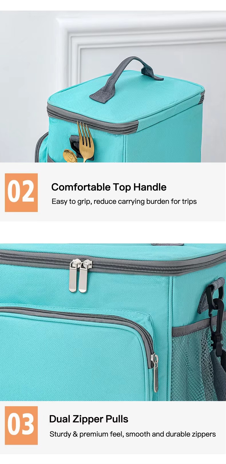 top handle and dual zipper pull details