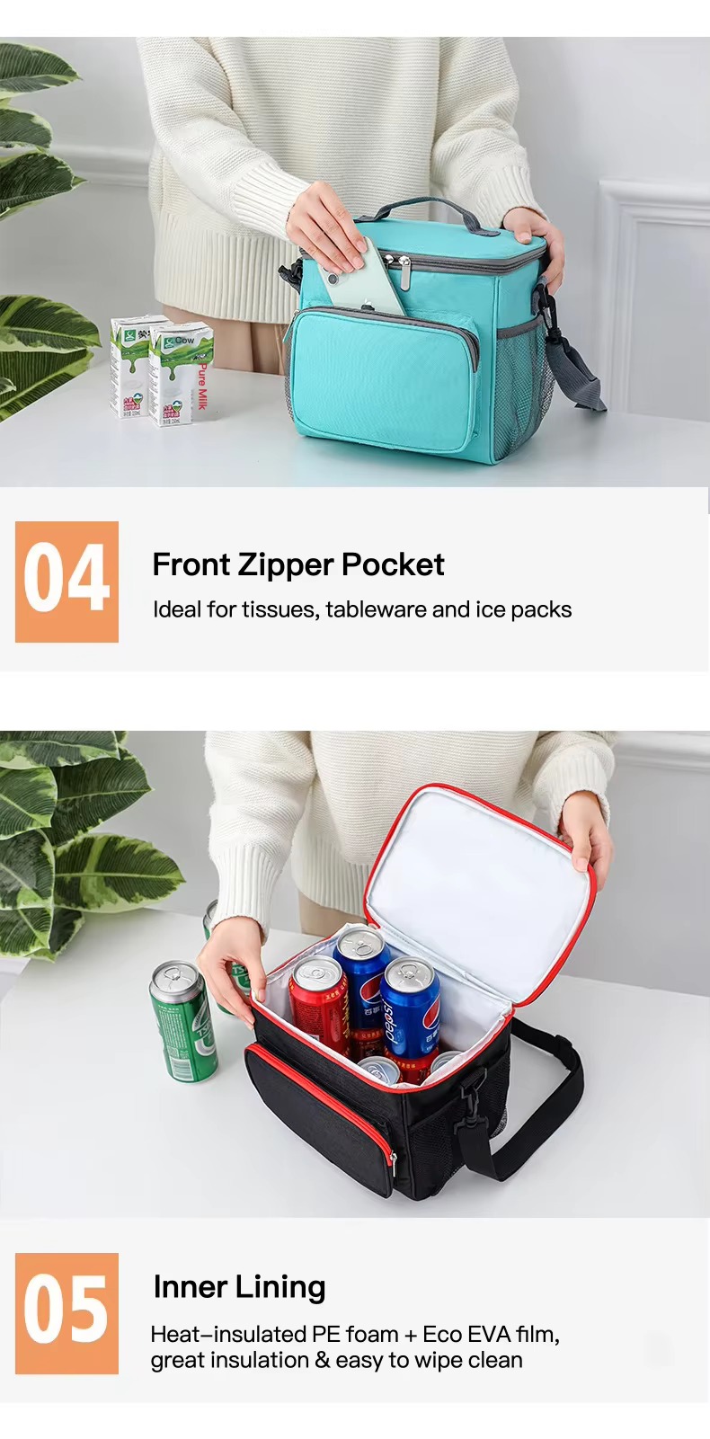 front zipper pocket and inner lining with cans