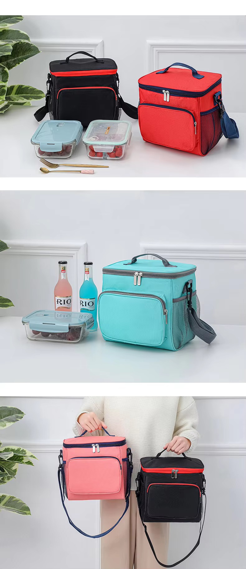 black, red, teal and pink bags in real shots
