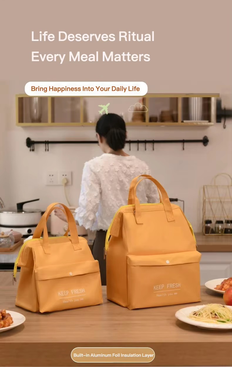 orange large and small lunch bags on kitchen counter