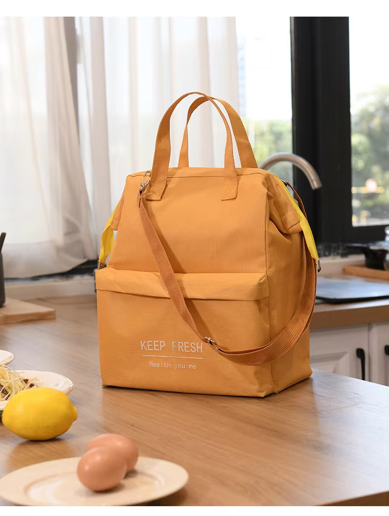 orange lunch bag in kitchen scene