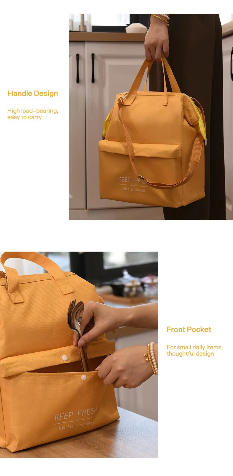 handle design and front pocket with cutlery