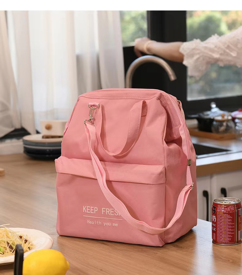 pink lunch bag on kitchen counter
