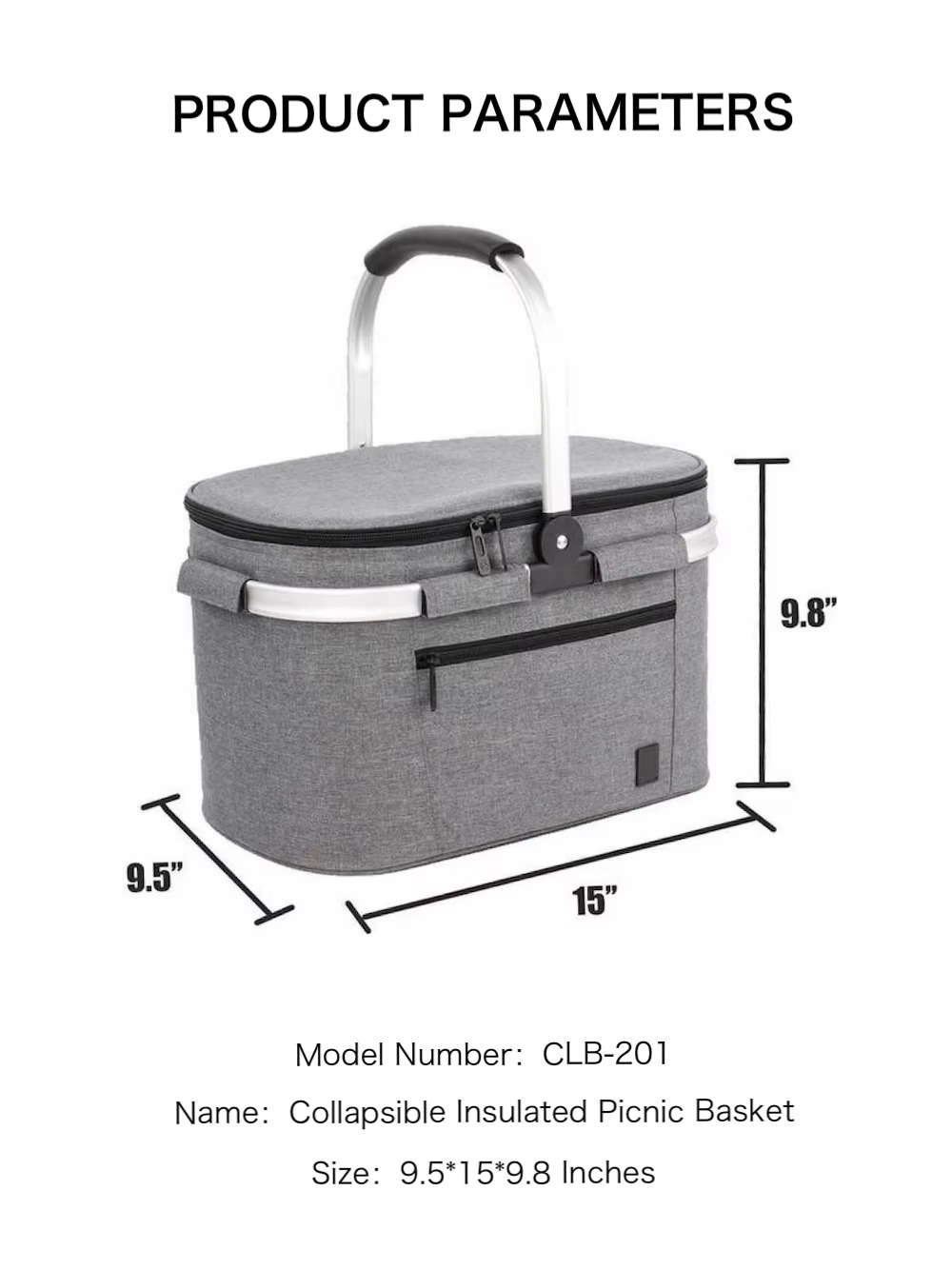 product parameters with dimensions 9.5 by 15 by 9.8 inches labeled