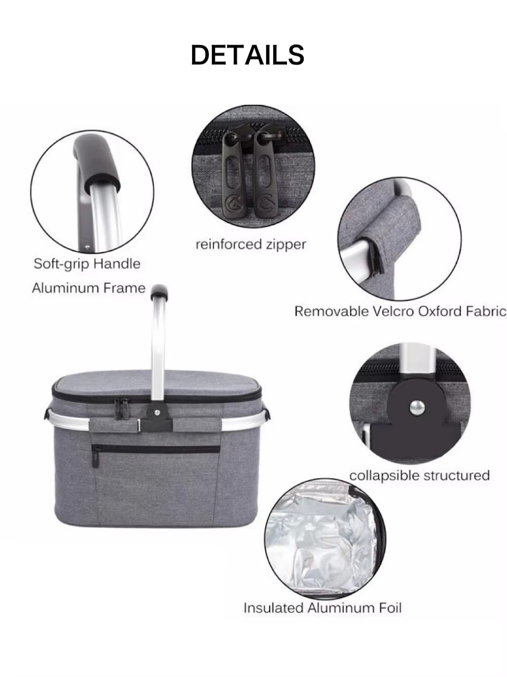 detail callouts for soft-grip handle, reinforced zipper, removable velcro Oxford fabric, collapsible frame, and foil insulation