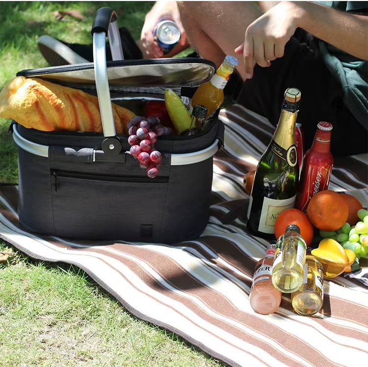 picnic basket open and packed with bread, fruit, and drinks on a blanket