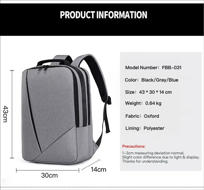 Custom Lightweight Waterproof Oxford Business Laptop Backpack with USB Large Capacity Portable College Student School Travel Bag detail image
