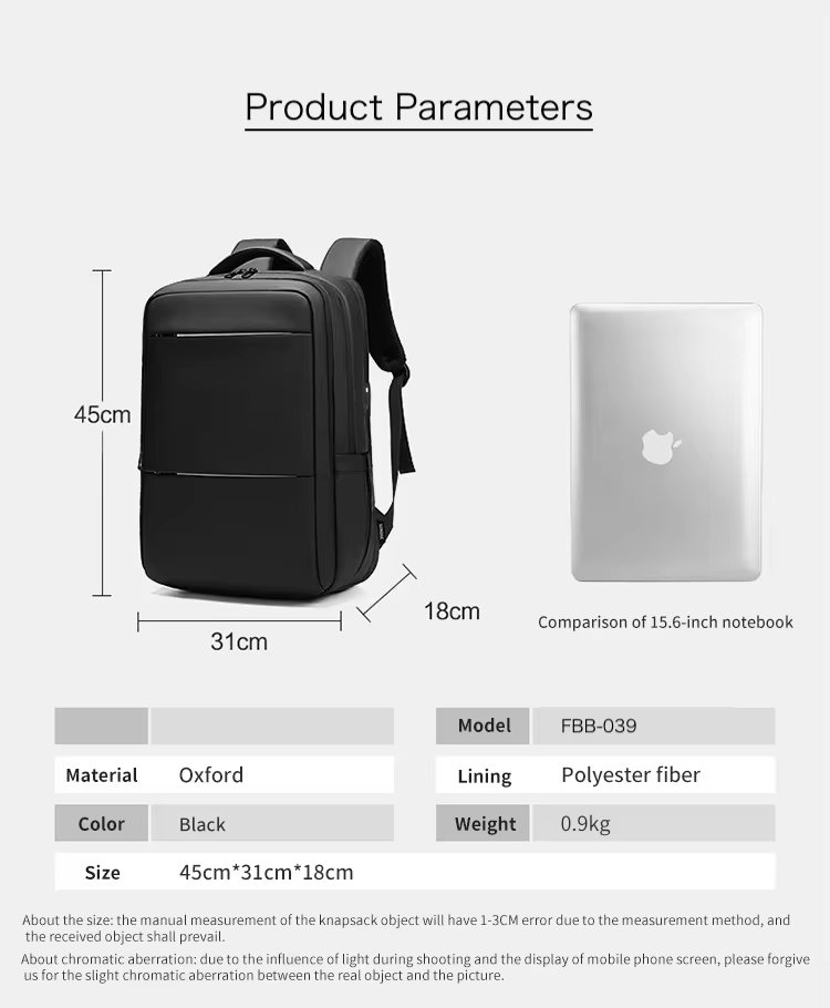 Water-Resistant Large Capacity USB Business Travel Oxford Laptop Backpack product detail