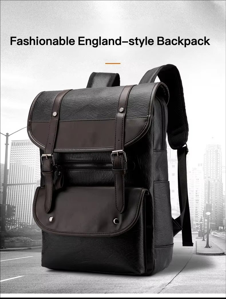 Water-Resistant Vintage Business School PU Leather Roll Top Backpack product detail