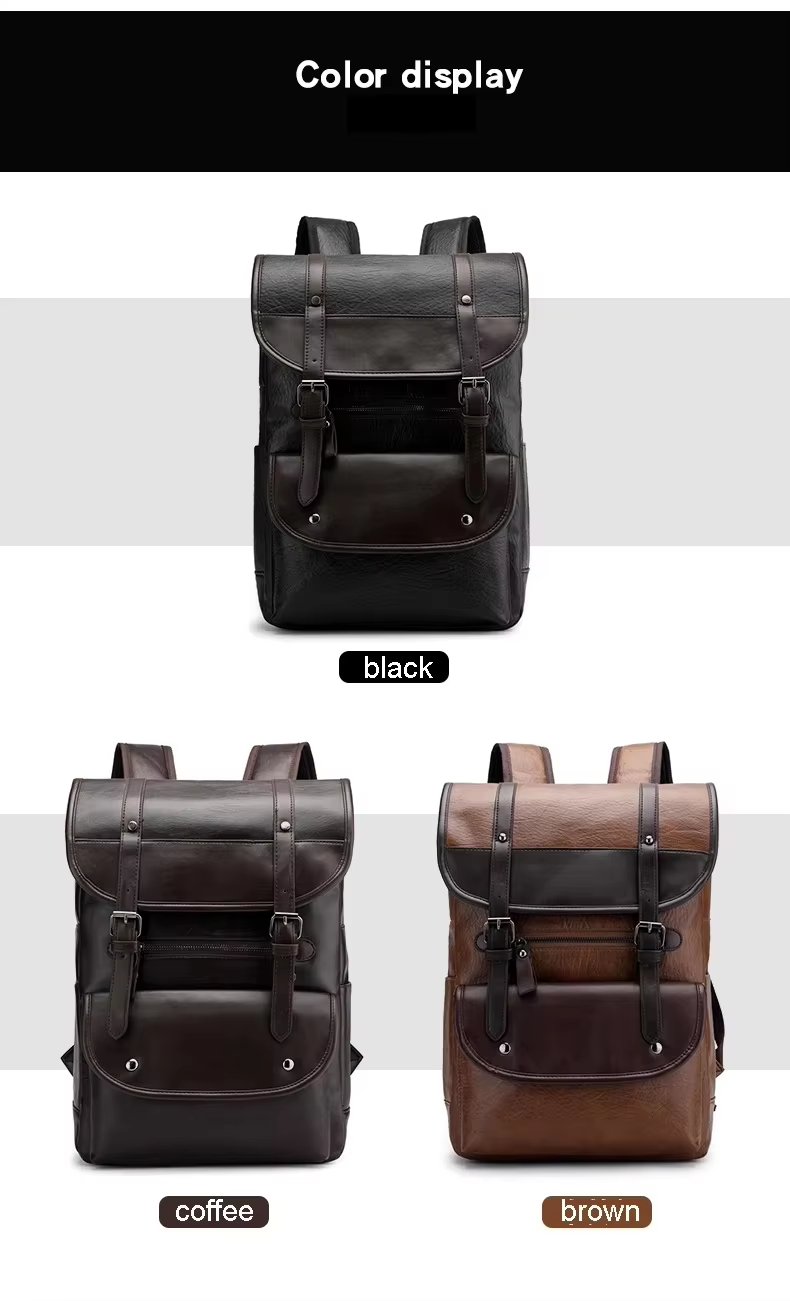 Water-Resistant Vintage Business School PU Leather Roll Top Backpack product detail