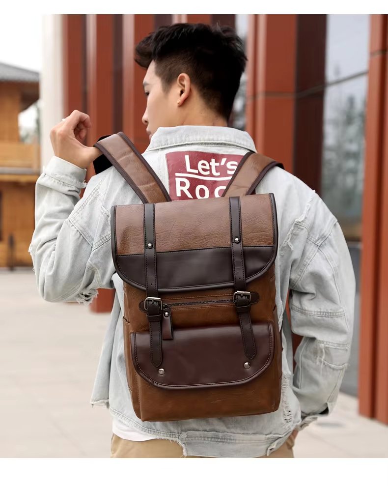 Water-Resistant Vintage Business School PU Leather Roll Top Backpack product detail