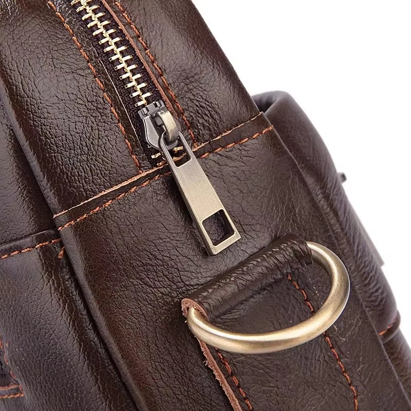 Unisex 14 Inch Genuine Leather Laptop Briefcase Soft Crossbody Shoulder Bag Business Leisure Horizontal Handbag - product detail