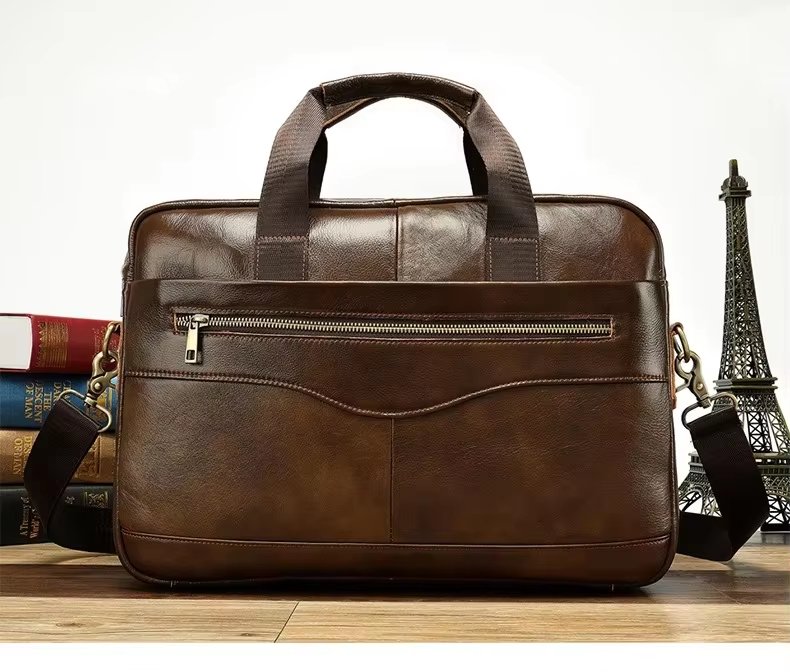 Unisex 14 Inch Genuine Leather Laptop Briefcase Soft Crossbody Shoulder Bag Business Leisure Horizontal Handbag - product detail