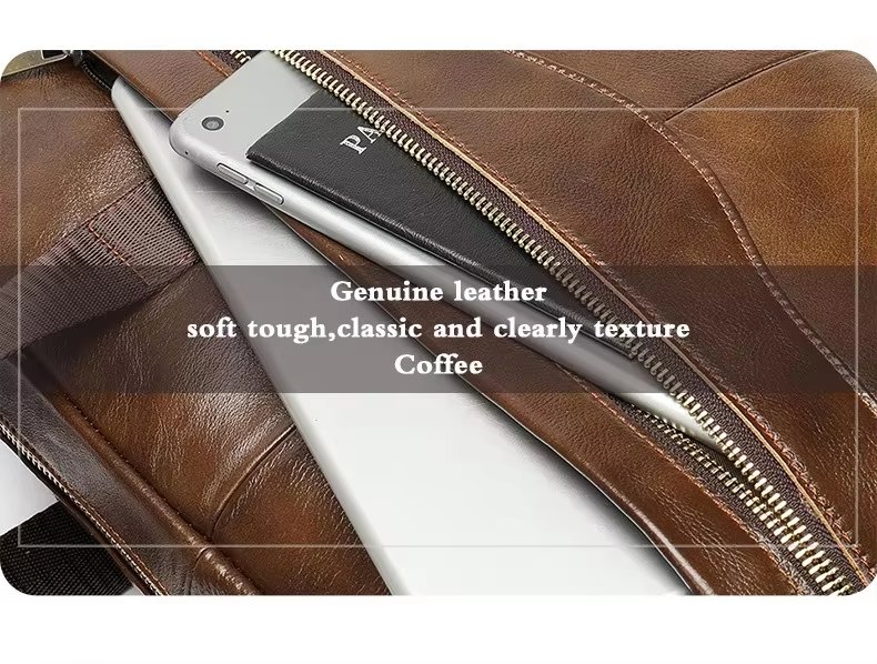 Unisex 14 Inch Genuine Leather Laptop Briefcase Soft Crossbody Shoulder Bag Business Leisure Horizontal Handbag - product detail