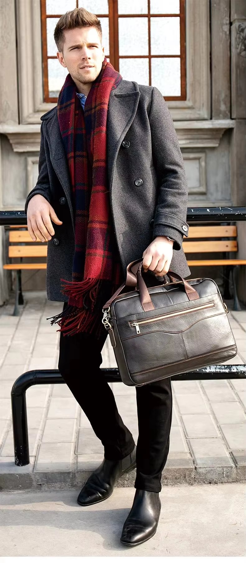 Unisex 14 Inch Genuine Leather Laptop Briefcase Soft Crossbody Shoulder Bag Business Leisure Horizontal Handbag - product detail