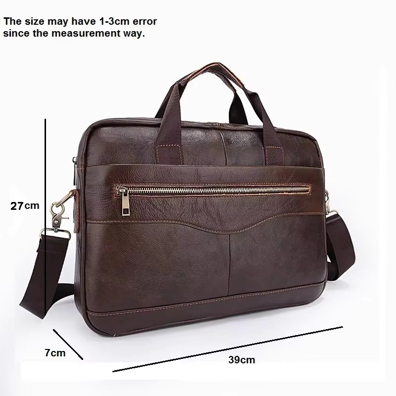 Unisex 14 Inch Genuine Leather Laptop Briefcase Soft Crossbody Shoulder Bag Business Leisure Horizontal Handbag - product detail