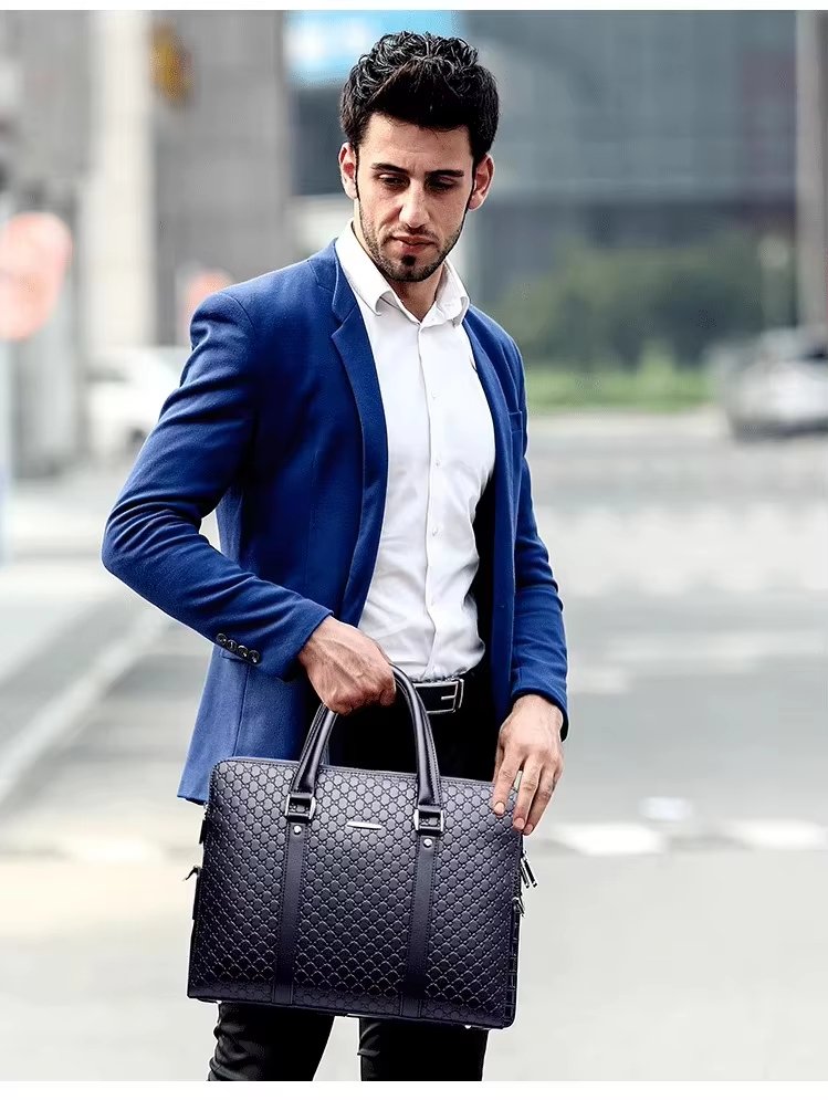 New Designer Unisex PU Leather Laptop Tote Shoulder Briefcase Bag Waterproof Business With Plaid For Men - product detail